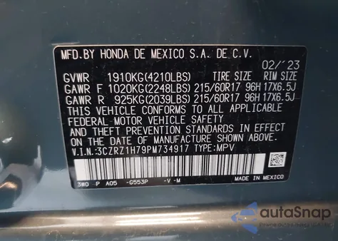 2023 Honda Hr-V 2Wd Ex-L из США, поврежденный, VIN 3CZRZ1H79PM734917